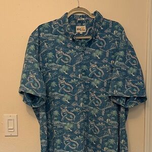 2XL Classic Reyn Spooner Blue and White Hawaiian Print Shirt